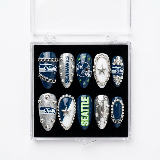 Seattle Seahawks Handmade Press On Nails | Reusable 3D Nail Set