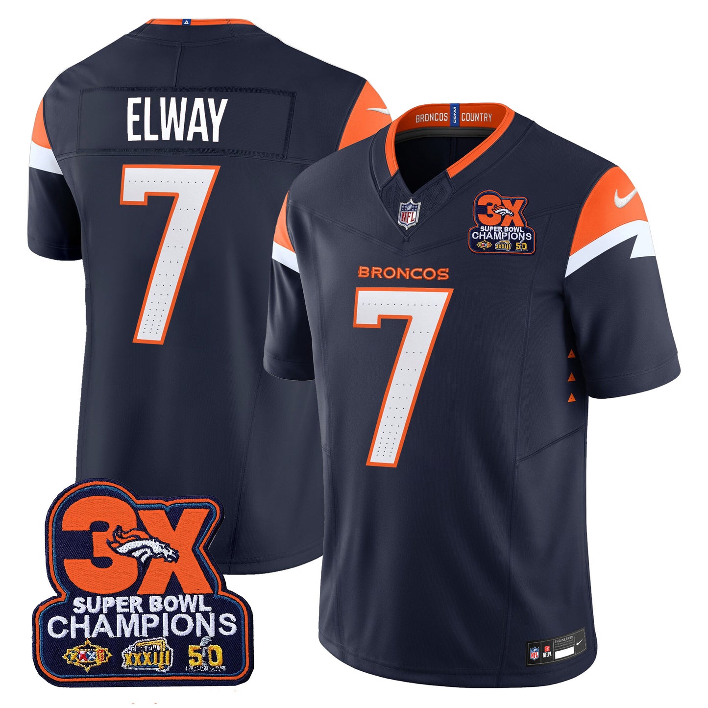 Men's Denver Broncos 3-Time Champions Patch Vapor Limited Jersey - All Stitched