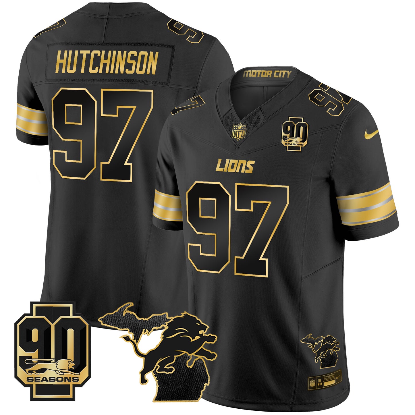 Men's Detroit Lions 2025 Michigan & 90th Season Patch Gold Vapor Limited Jersey - All Stitched
