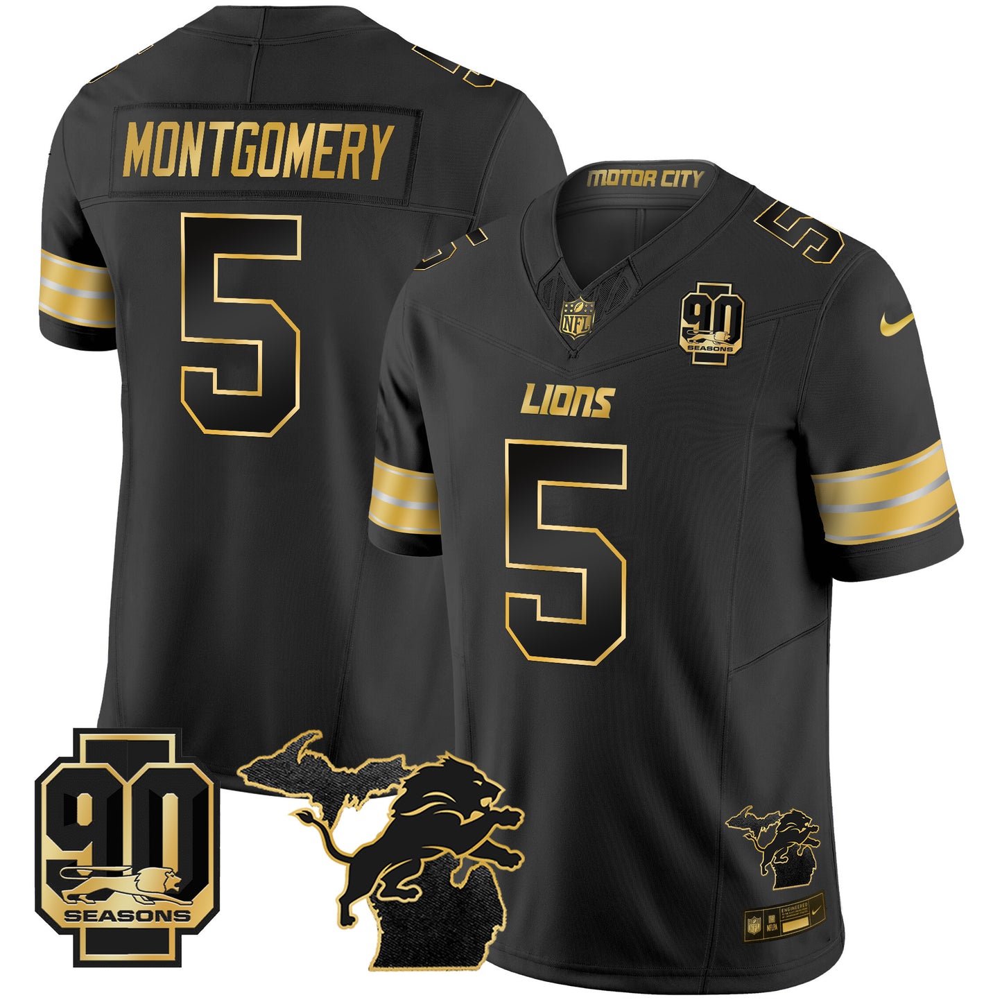 Men's Detroit Lions 2025 Michigan & 90th Season Patch Gold Vapor Limited Jersey - All Stitched