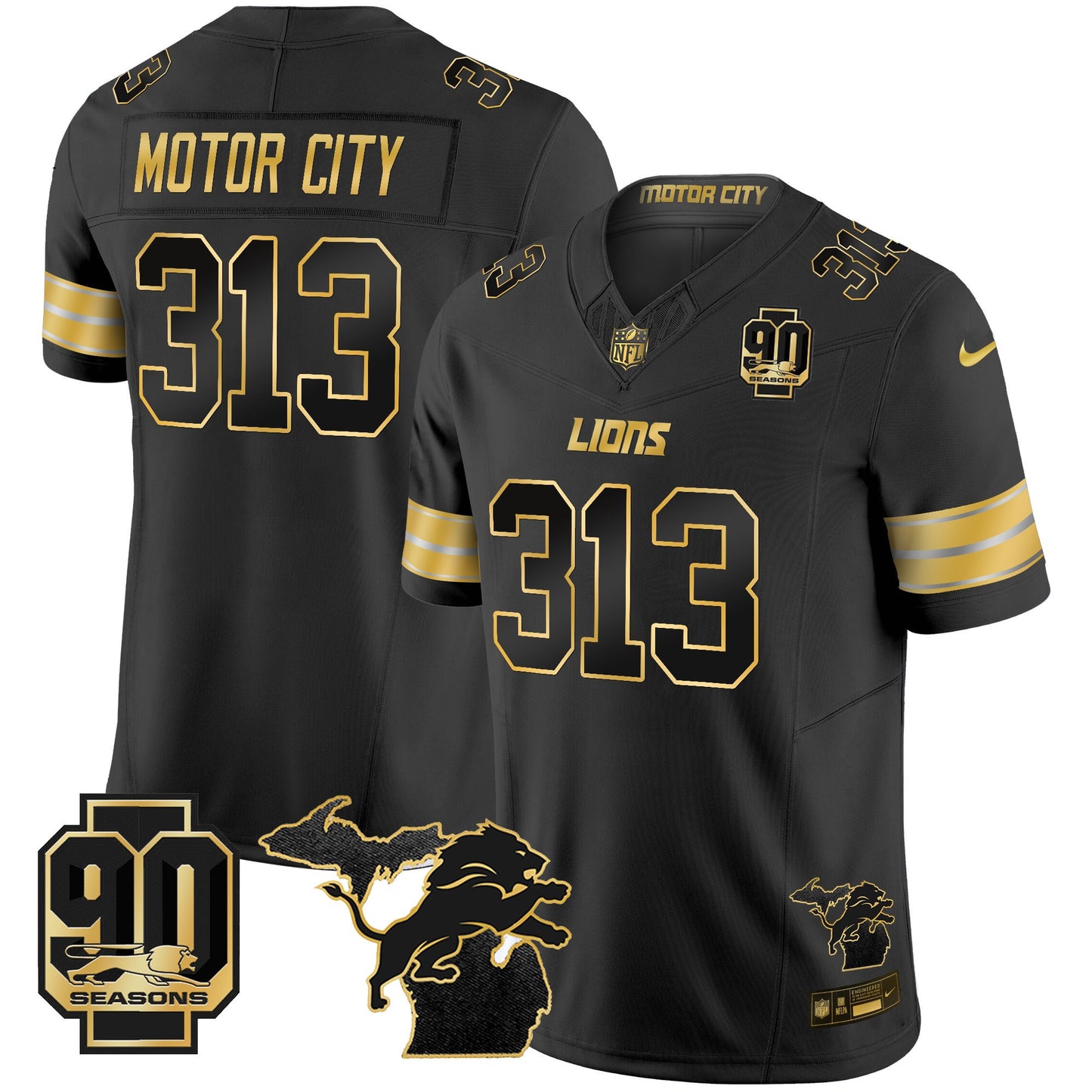 Men's Detroit Lions 2025 Michigan & 90th Season Patch Gold Vapor Limited Jersey - All Stitched
