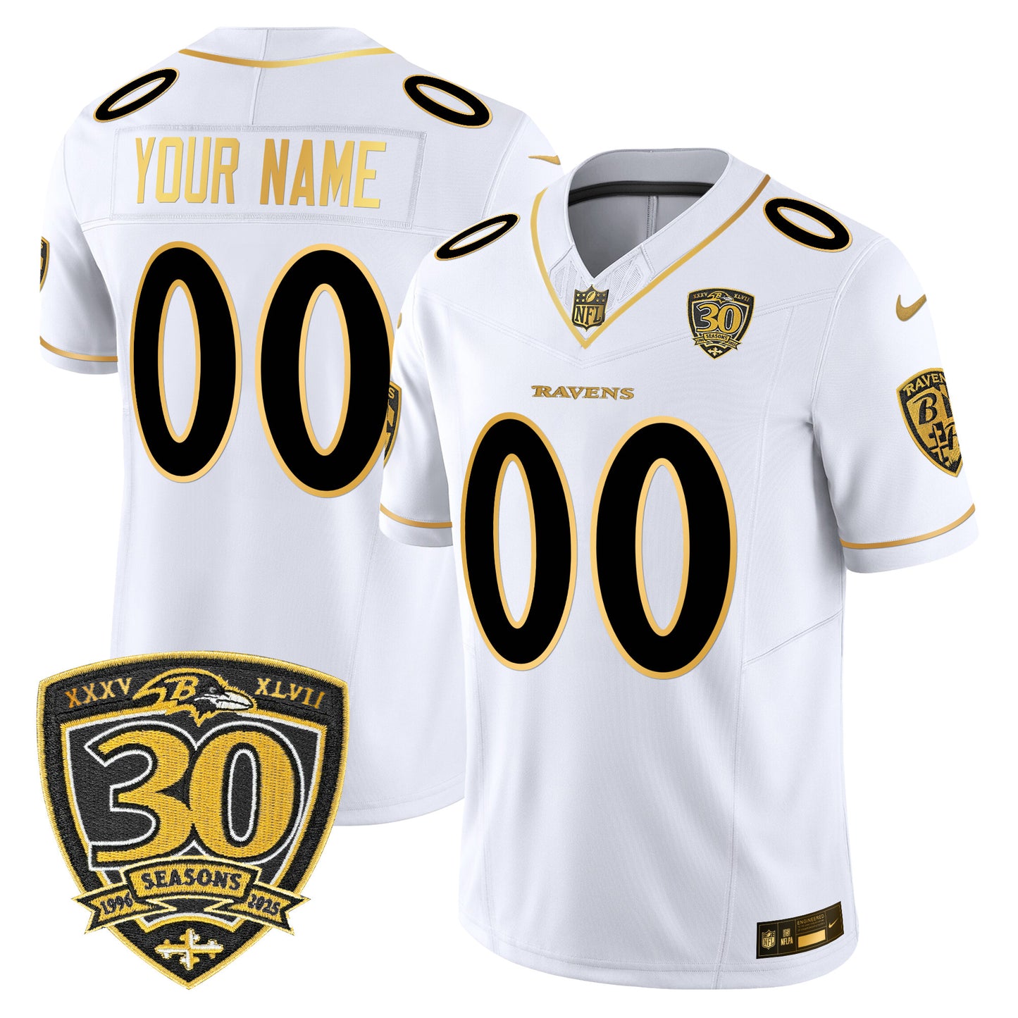 Baltimore Ravens 2025 Gold Vapor Limited Custom Jersey - 30th Anniversary Patch - All Stitched