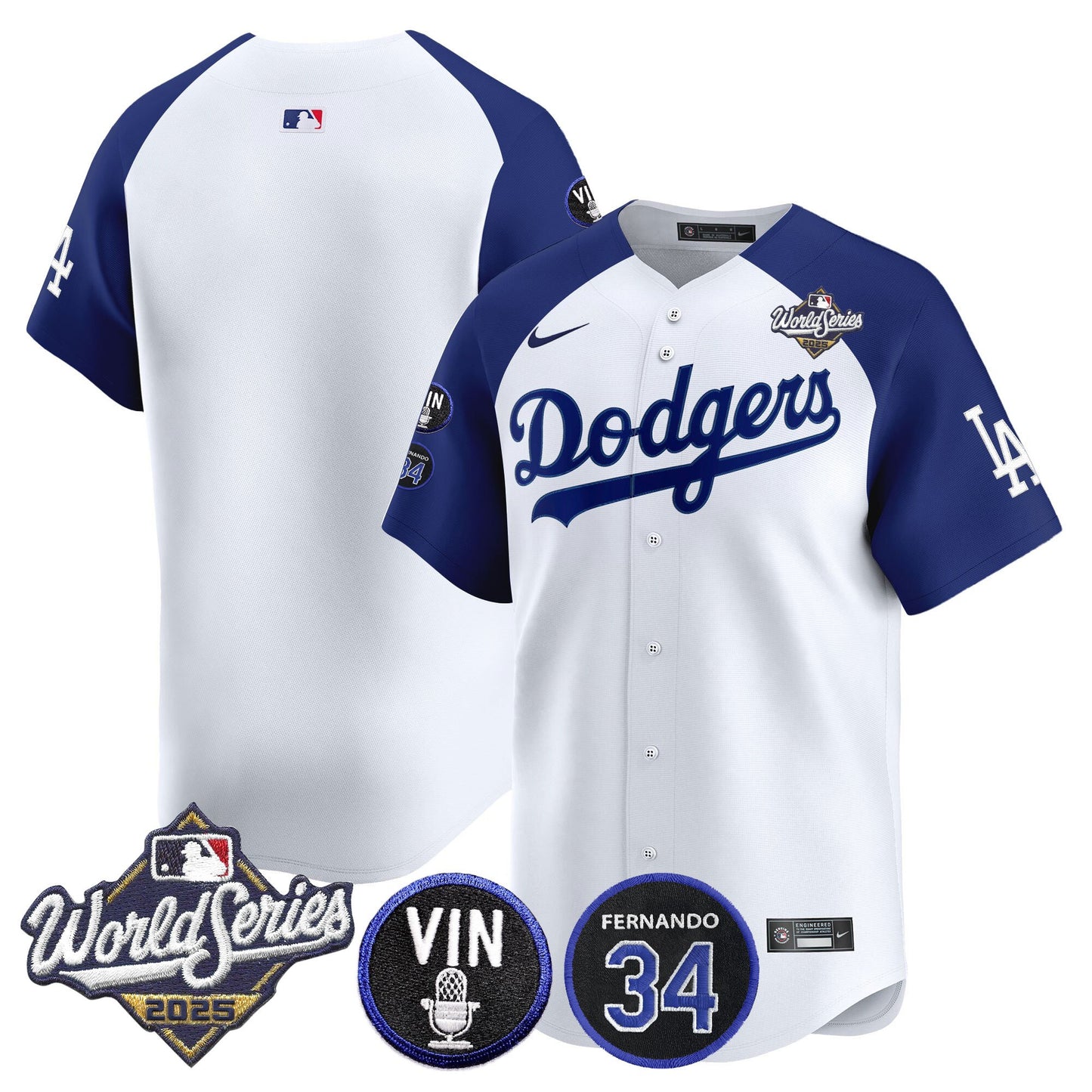 Men's Dodgers 2025 World Series Vapor Premier Limited Jersey - Vin Scully & Fernando Patch - All Stitched