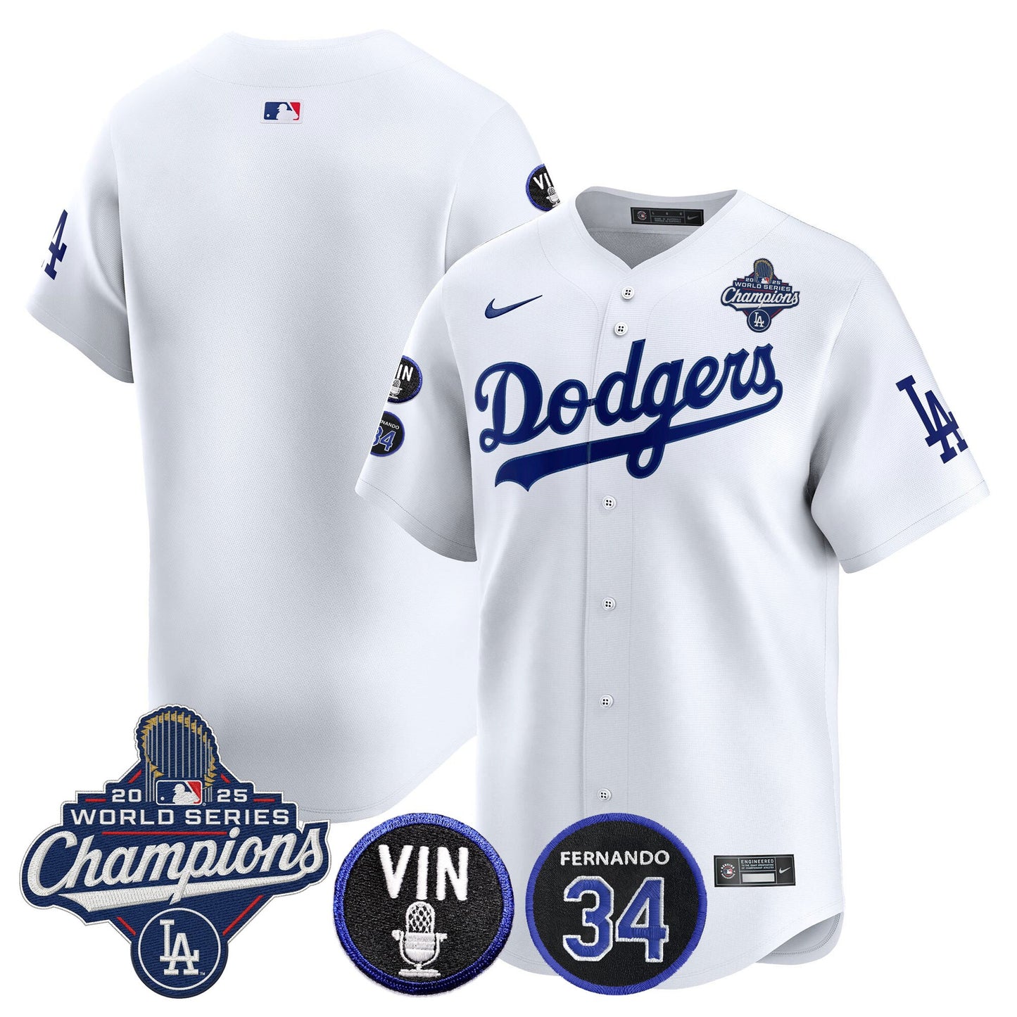 Men's Dodgers 2025 World Series Champions Vapor Premier Limited Jersey - Vin Scully & Fernando Patch - All Stitched