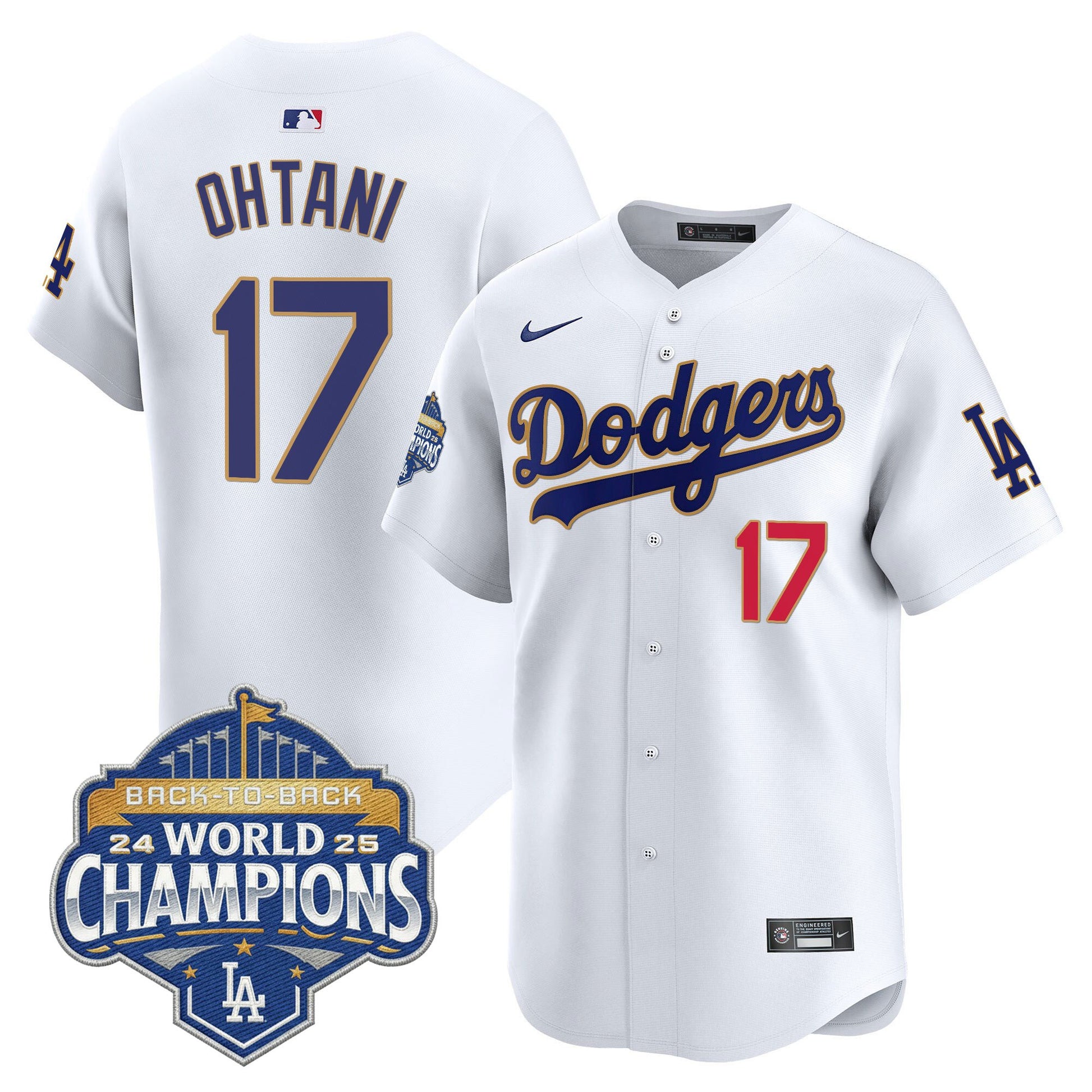 Men's Dodgers 2025 Back-To-Back Champions Gold Trim Vapor Premier Limited Jersey - All Stitched