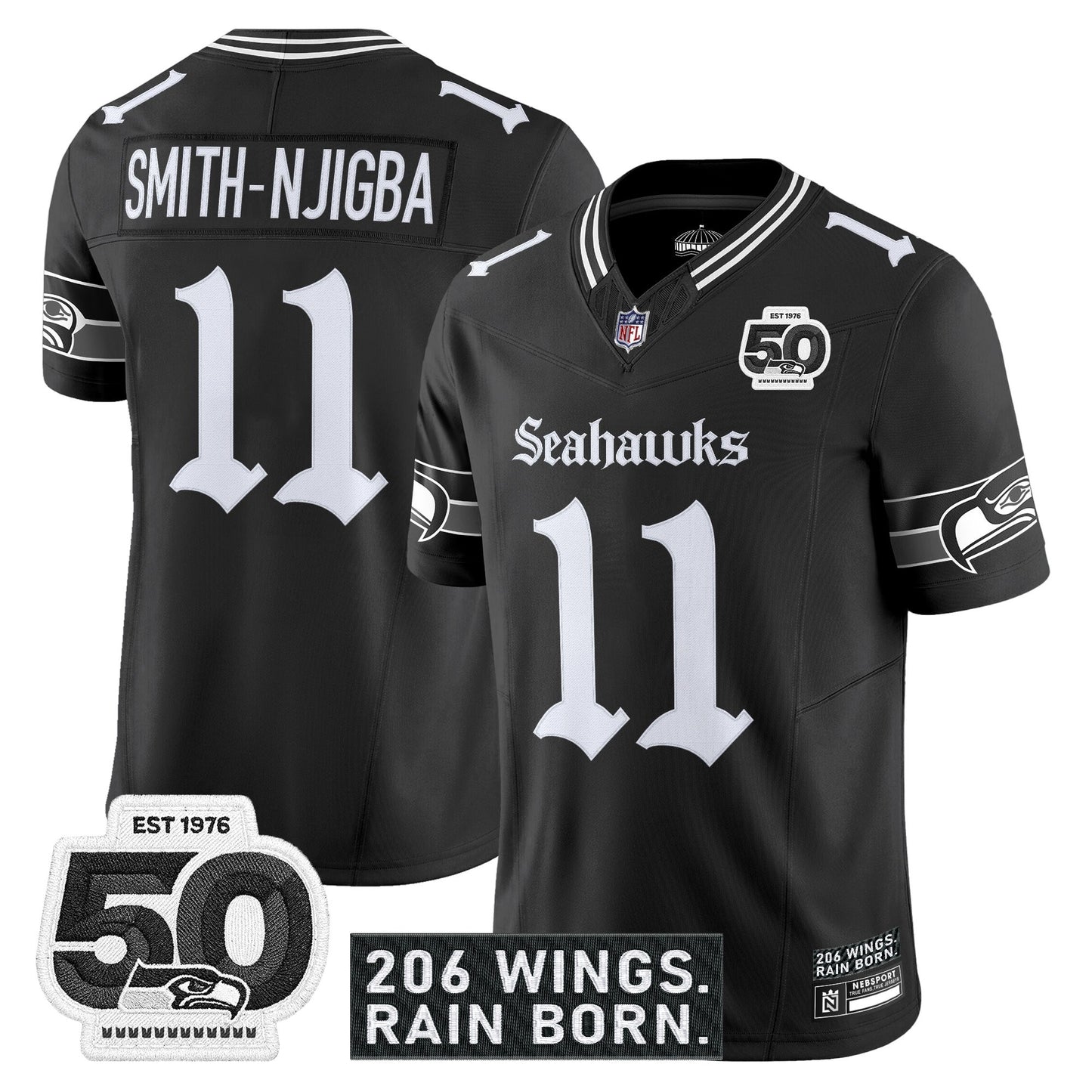 Men's Seattle Seahawks 'Gothic Rain City Shadows Edition' Vapor Jersey - 50th Anniversary Patch - All Stitched