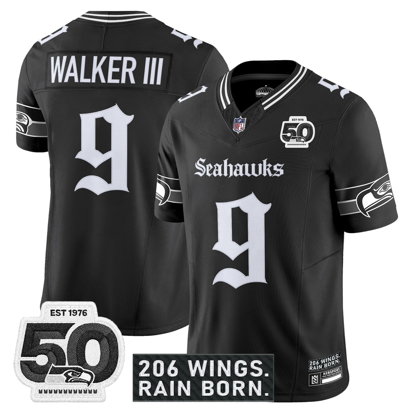 Men's Seattle Seahawks 'Gothic Rain City Shadows Edition' Vapor Jersey - 50th Anniversary Patch - All Stitched