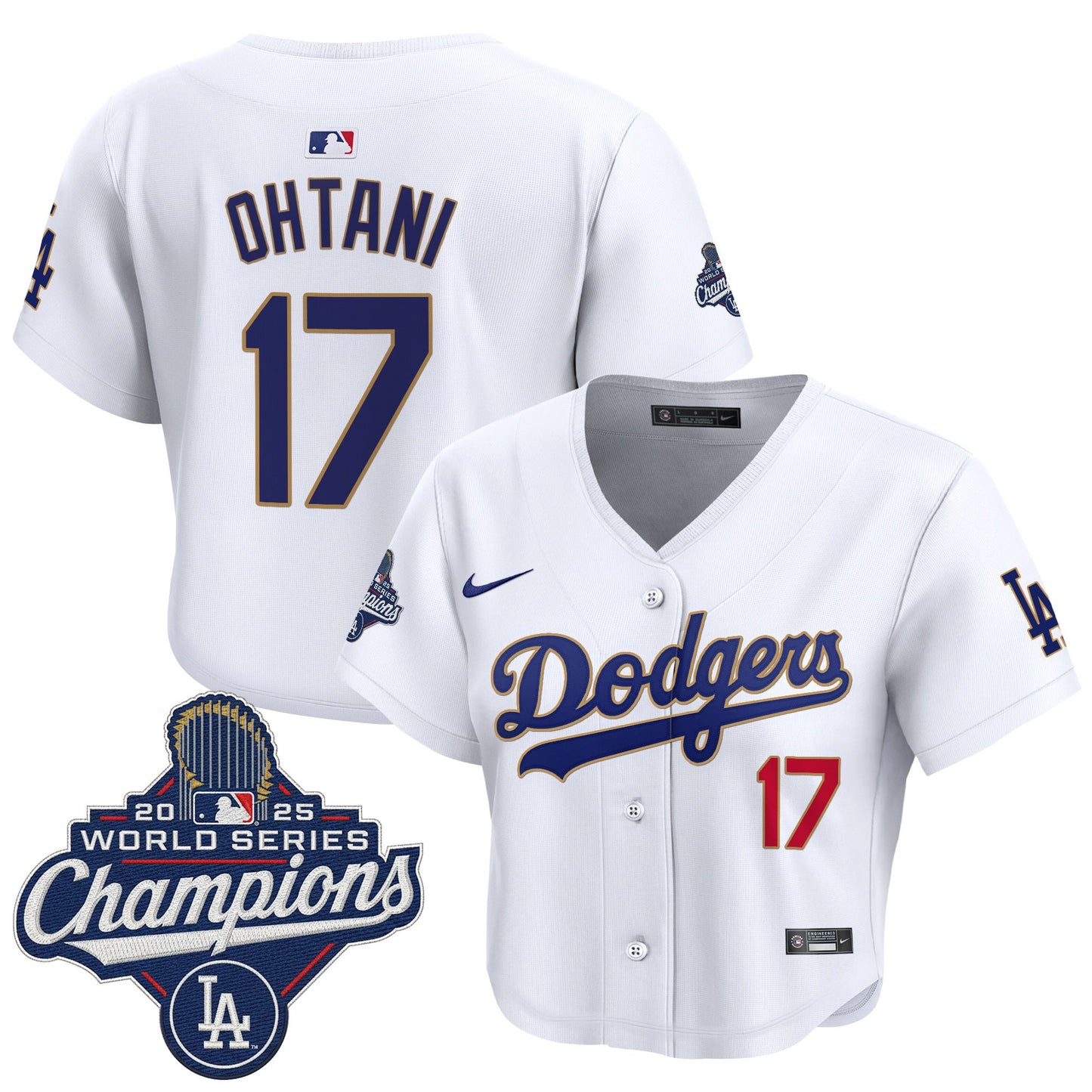 Women's Dodgers 2025 World Series Champions Patch Gold Trim Crop Top Baseball Jersey - All Stitched