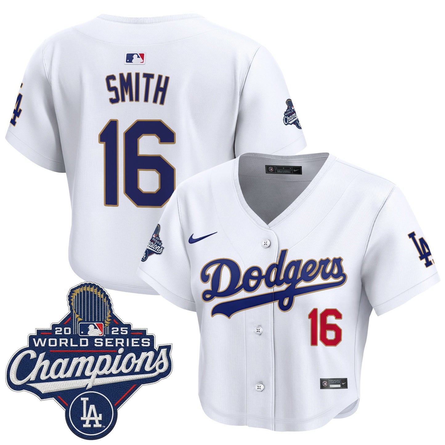 Women's Dodgers 2025 World Series Champions Patch Gold Trim Crop Top Baseball Jersey - All Stitched