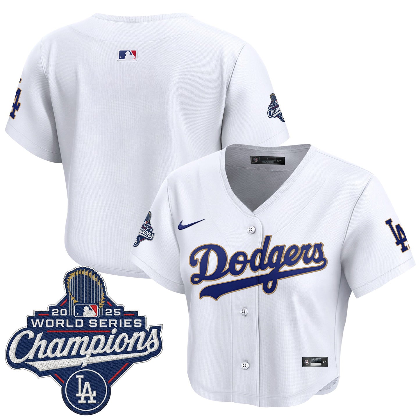 Women's Dodgers 2025 World Series Champions Patch Gold Trim Crop Top Baseball Jersey - All Stitched