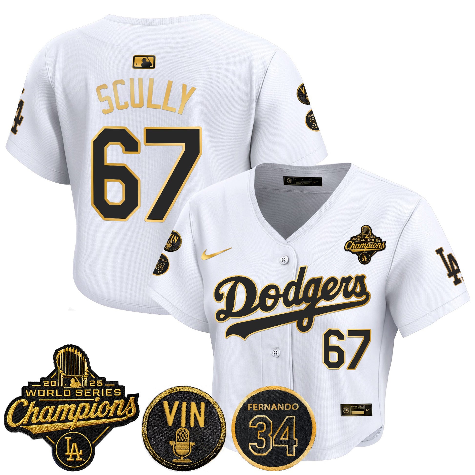 Women's Dodgers 2025 World Series Champions Crop Top Baseball Jersey - Vin Scully & Fernando Patch - All Stitched
