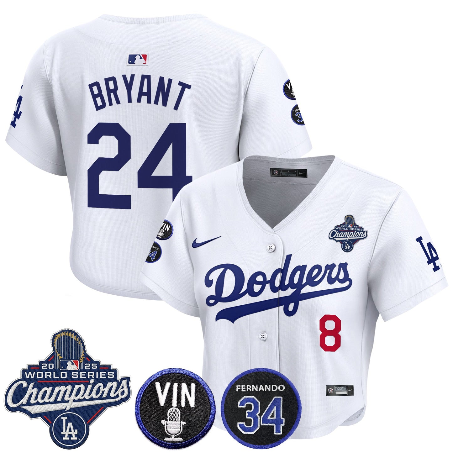 Women's Dodgers 2025 World Series Champions Crop Top Baseball Jersey - Vin Scully & Fernando Patch - All Stitched