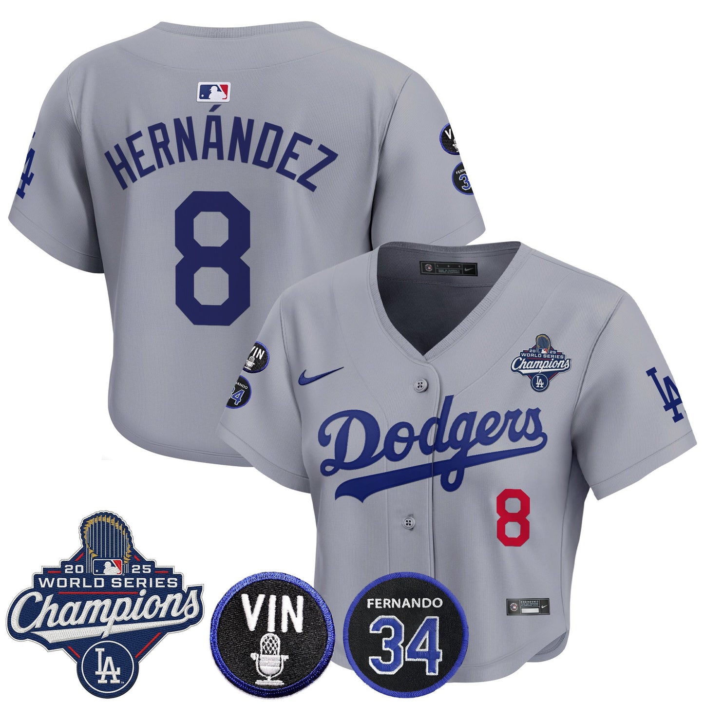 Women's Dodgers 2025 World Series Champions Crop Top Baseball Jersey - Vin Scully & Fernando Patch - All Stitched