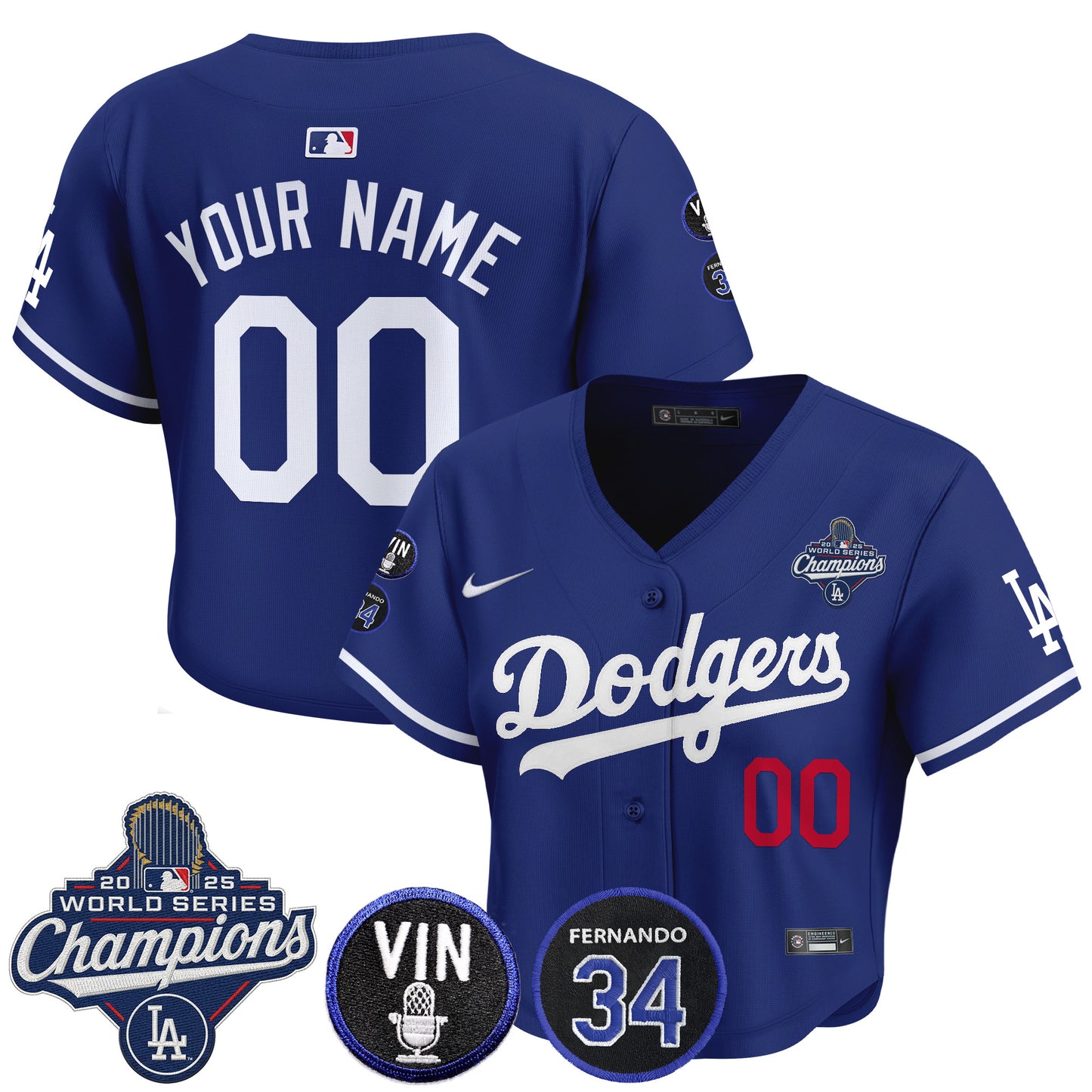 Dodgers 2025 World Series Champions Crop Top Baseball Custom Jersey - Vin Scully & Fernando Patch - All Stitched