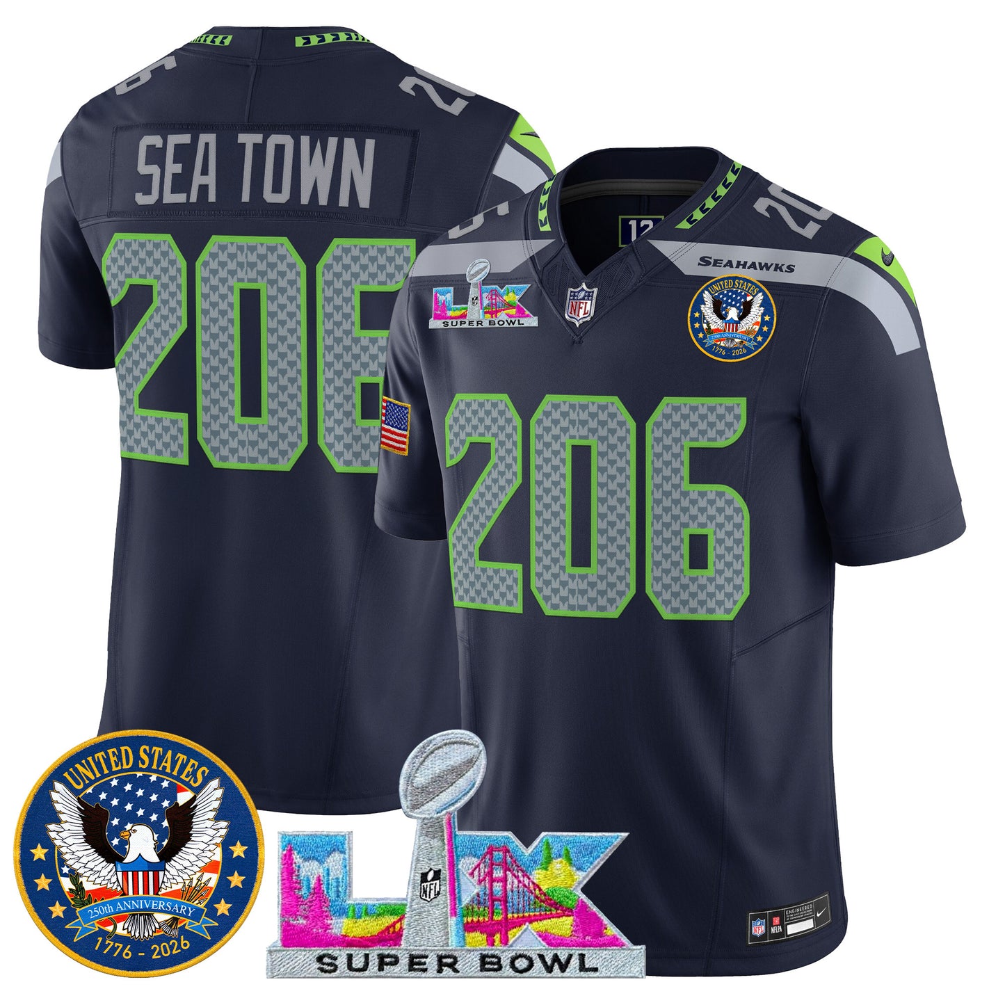 Men's Seattle Seahawks "Super Bowl LX & United States 250th Patch" Vapor Limited Jersey - All Stitched