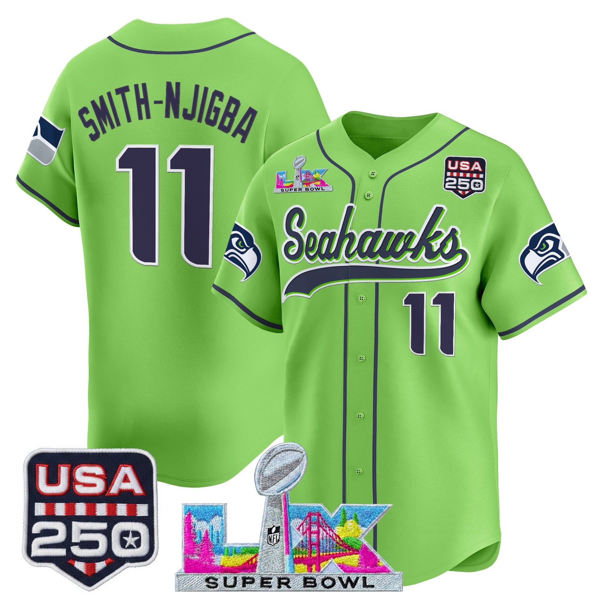 Men's Seattle Seahawks "Super Bowl LX & 250America Patch" Vapor Baseball Jersey - All Stitched