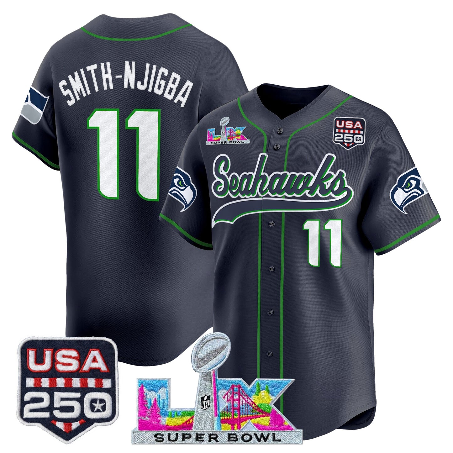 Men's Seattle Seahawks "Super Bowl LX & 250America Patch" Vapor Baseball Jersey - All Stitched