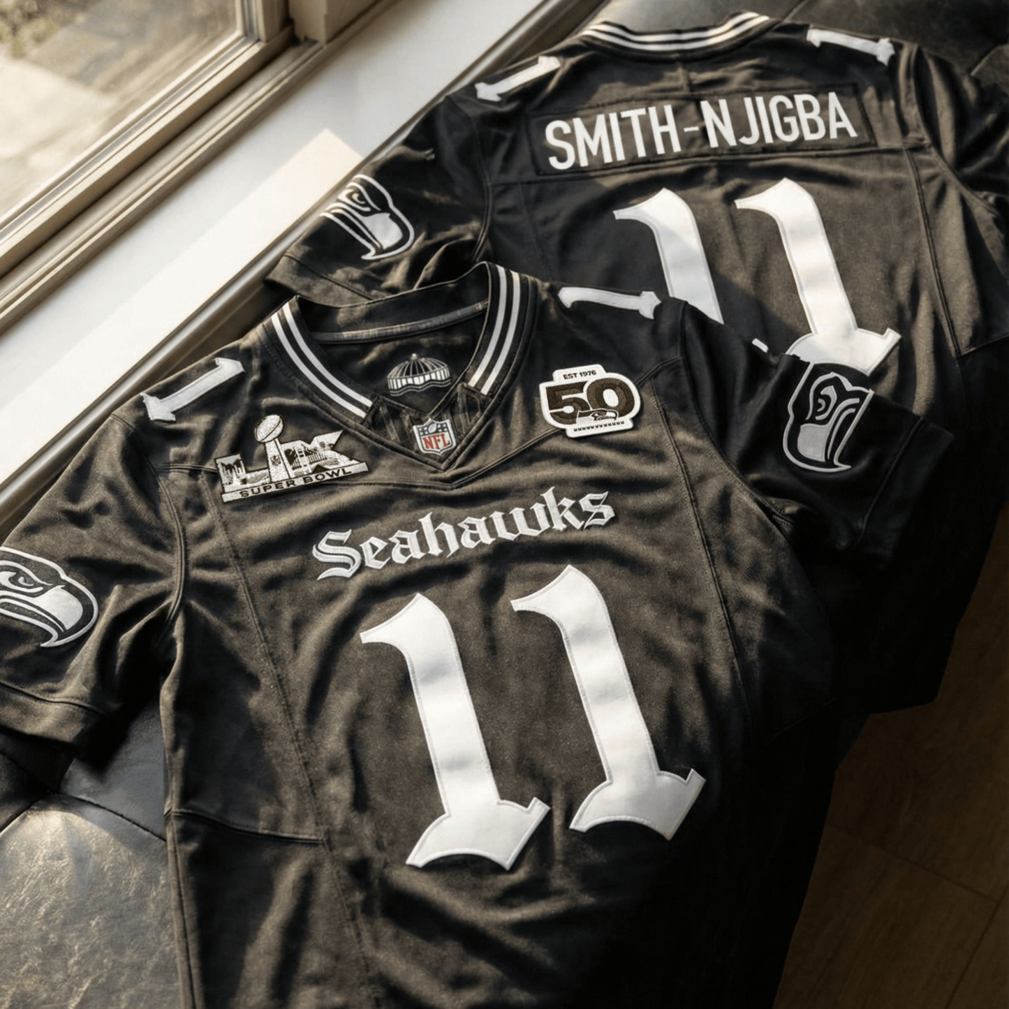 Men's Seattle Seahawks "Super Bowl LX & 50th Patch" Vapor Limited Jersey - Gothic Edition - All Stitched
