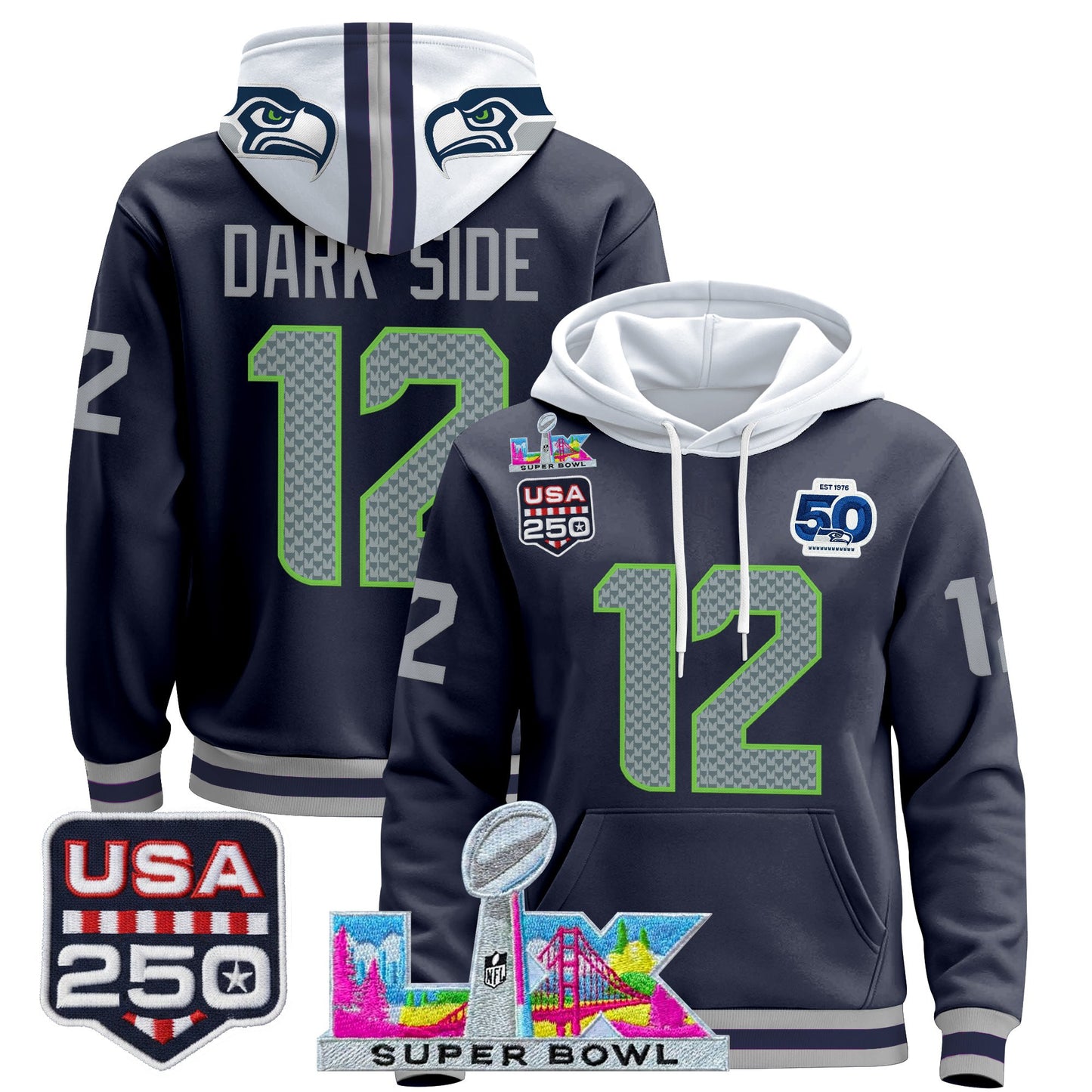 Men's Seattle Seahawks "Super Bowl LX & United States 250th Anniversary Patch" Premier Hoodie - All Stitched