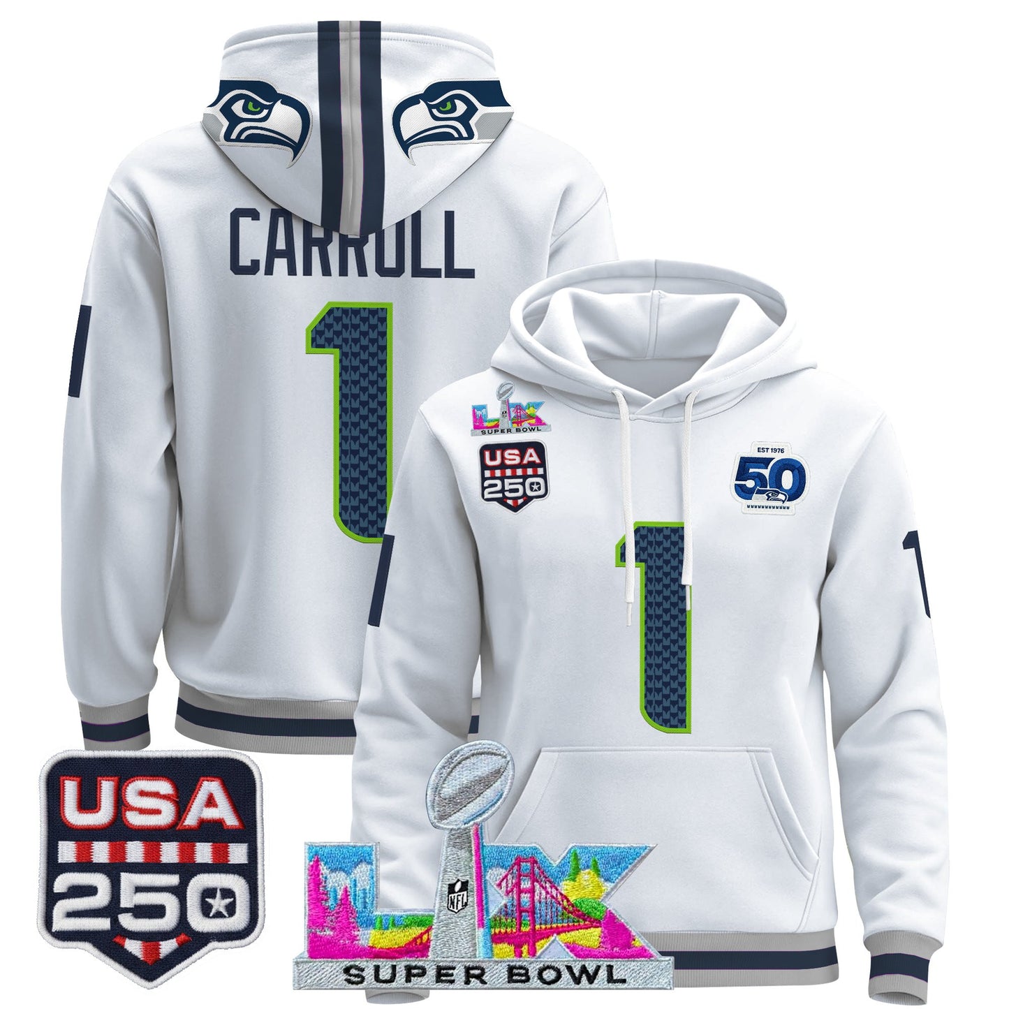 Men's Seattle Seahawks "Super Bowl LX & United States 250th Anniversary Patch" Premier Hoodie - All Stitched