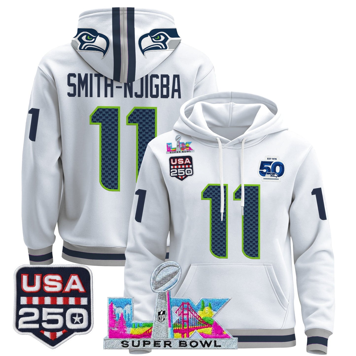Men's Seattle Seahawks "Super Bowl LX & United States 250th Anniversary Patch" Premier Hoodie - All Stitched