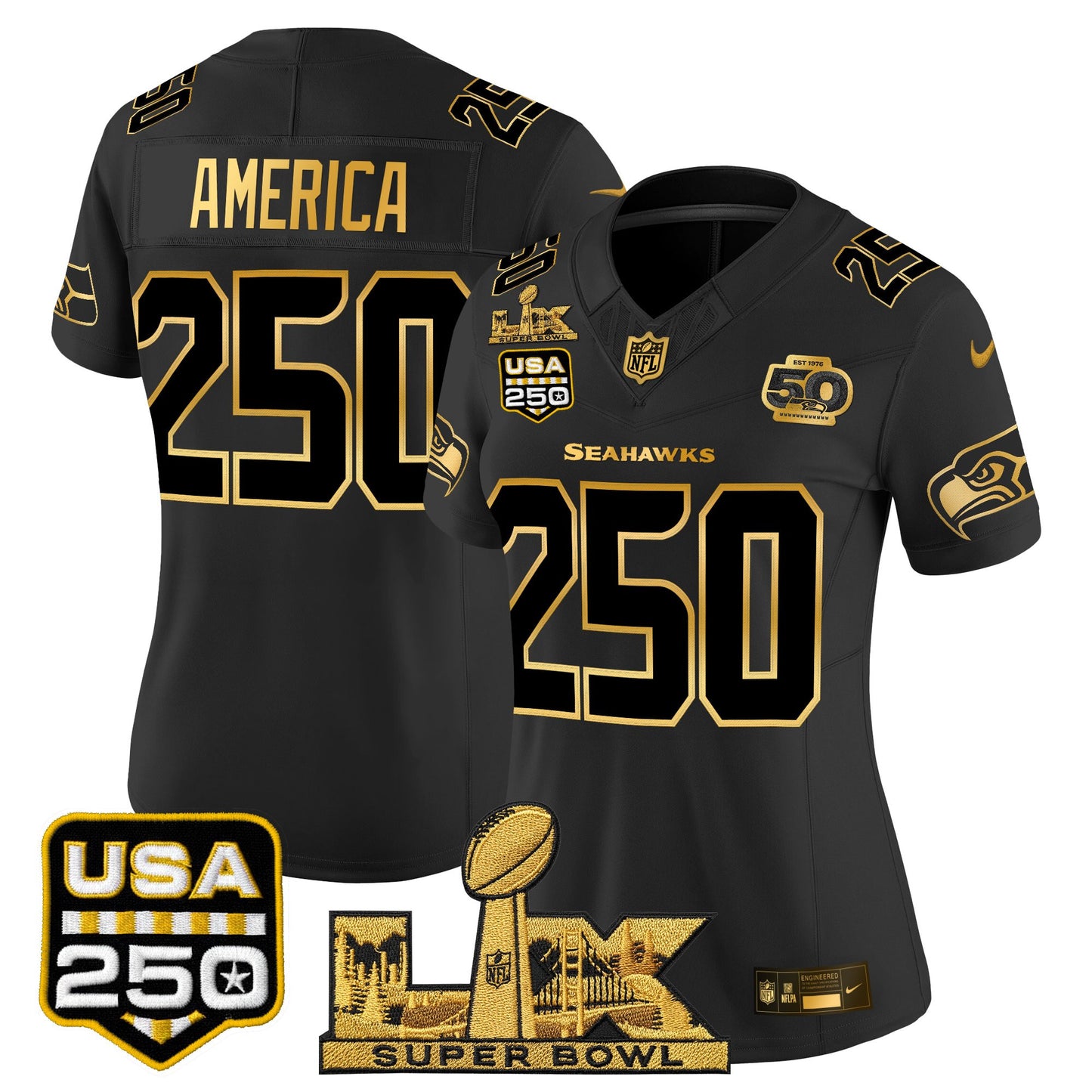 Women's Seattle Seahawks "Super Bowl LX & United States 250th Anniversary Patch" Gold Vapor Limited Jersey - All Stitched