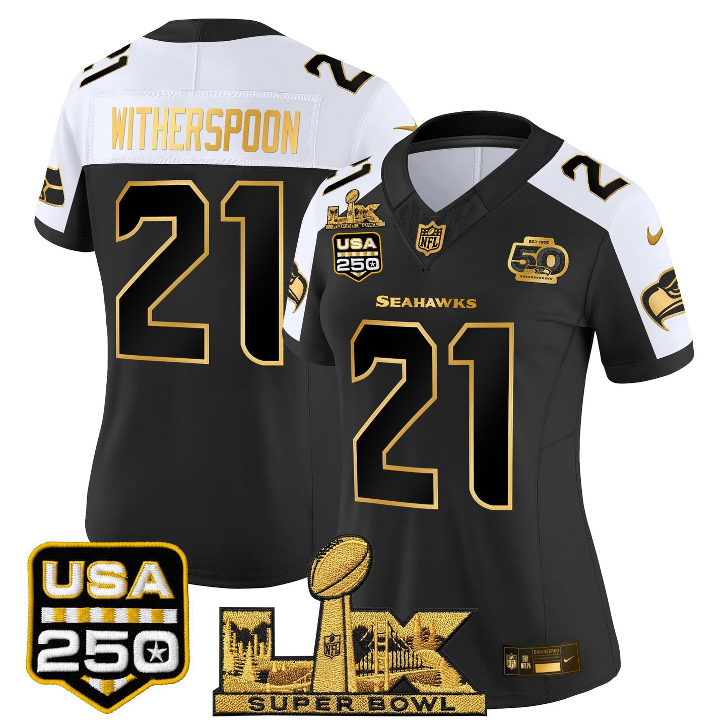 Women's Seattle Seahawks "Super Bowl LX & United States 250th Anniversary Patch" Gold Vapor Limited Jersey - All Stitched
