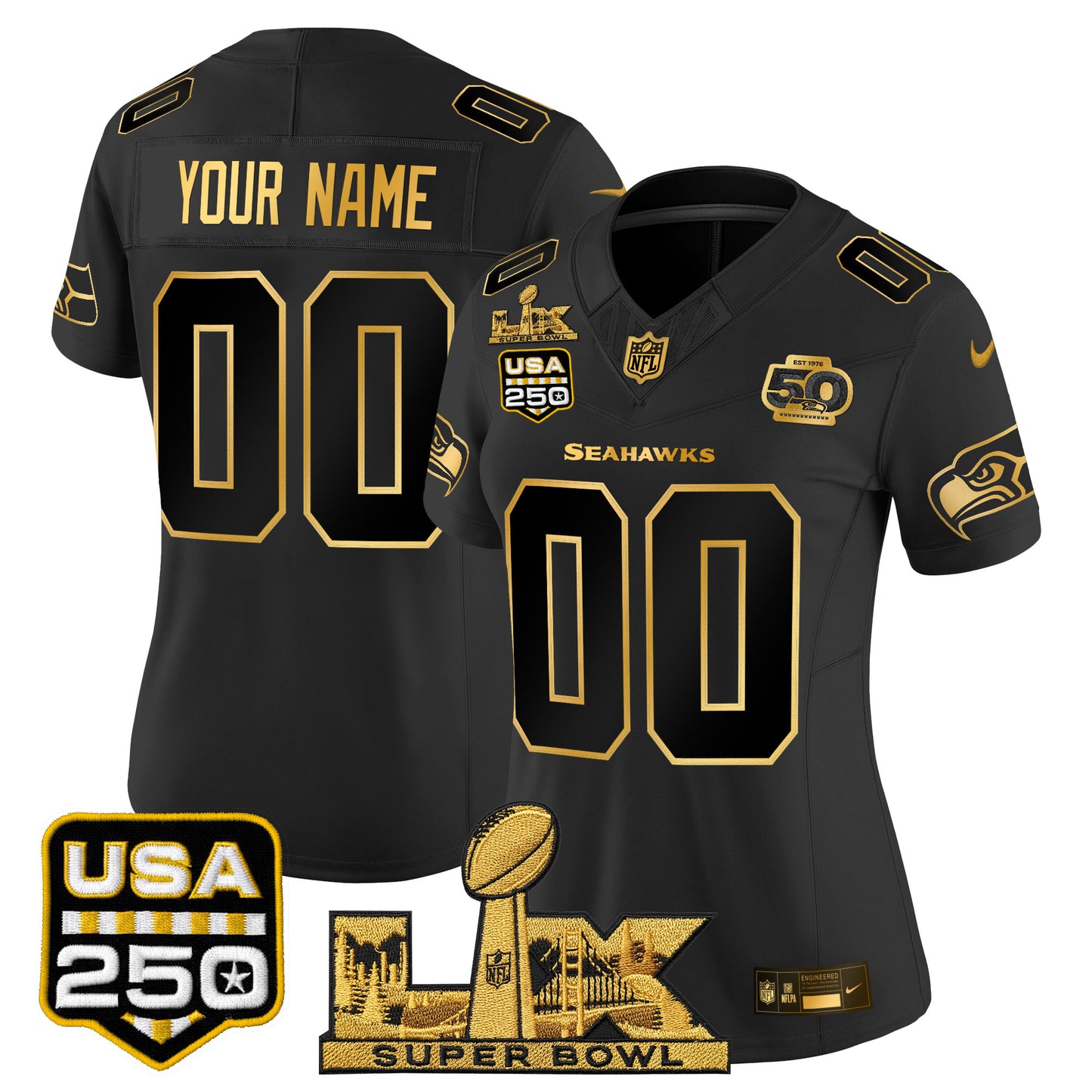 Seattle Seahawks "Super Bowl LX & United States 250th Anniversary Patch" Gold Vapor Limited Custom Jersey - All Stitched