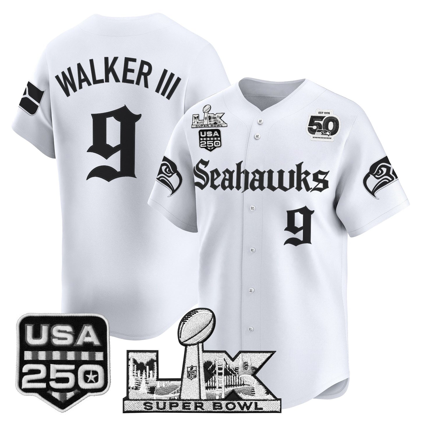 Men's Seattle Seahawks “Super Bowl LX & 50th Patch” Vapor Baseball Jersey - Gothic Edition - All Stitched
