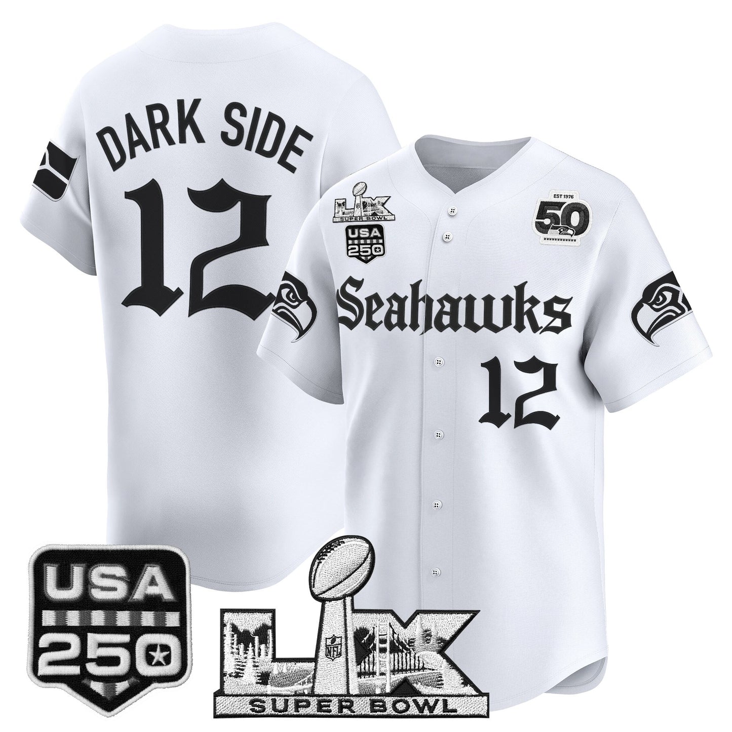 Men's Seattle Seahawks “Super Bowl LX & 50th Patch” Vapor Baseball Jersey - Gothic Edition - All Stitched