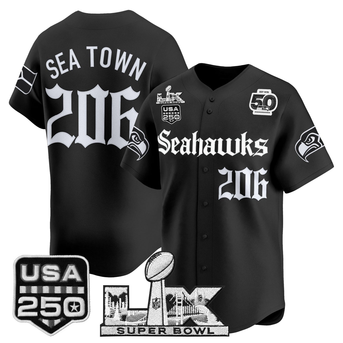 Men's Seattle Seahawks “Super Bowl LX & 50th Patch” Vapor Baseball Jersey - Gothic Edition - All Stitched