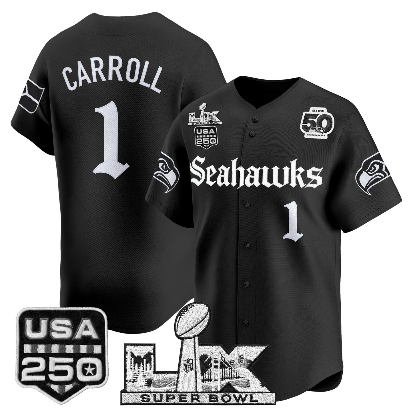Men's Seattle Seahawks “Super Bowl LX & 50th Patch” Vapor Baseball Jersey - Gothic Edition - All Stitched