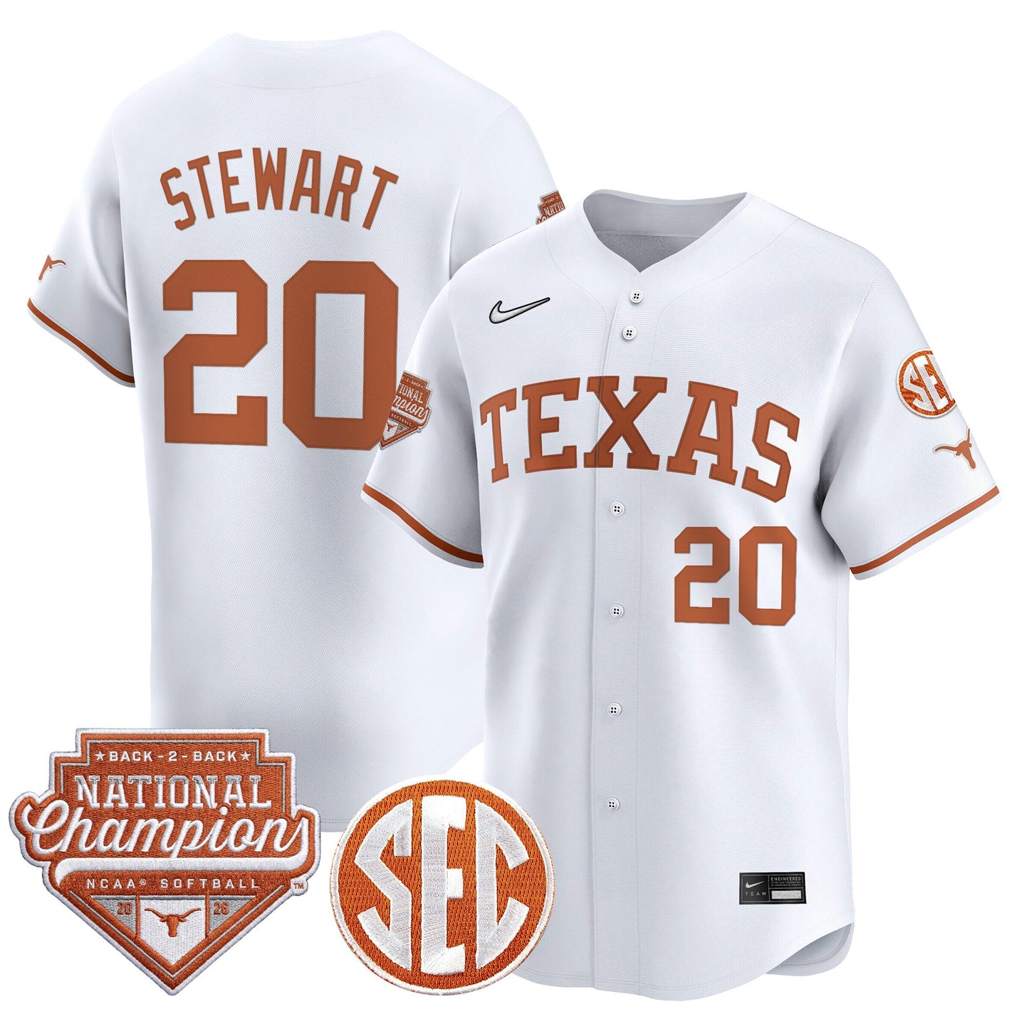 Men's Size - Texas Longhorns 2026 Back-To-Back World Series (WCWS) Champions Vapor Premier Limited Jersey - All Stitched