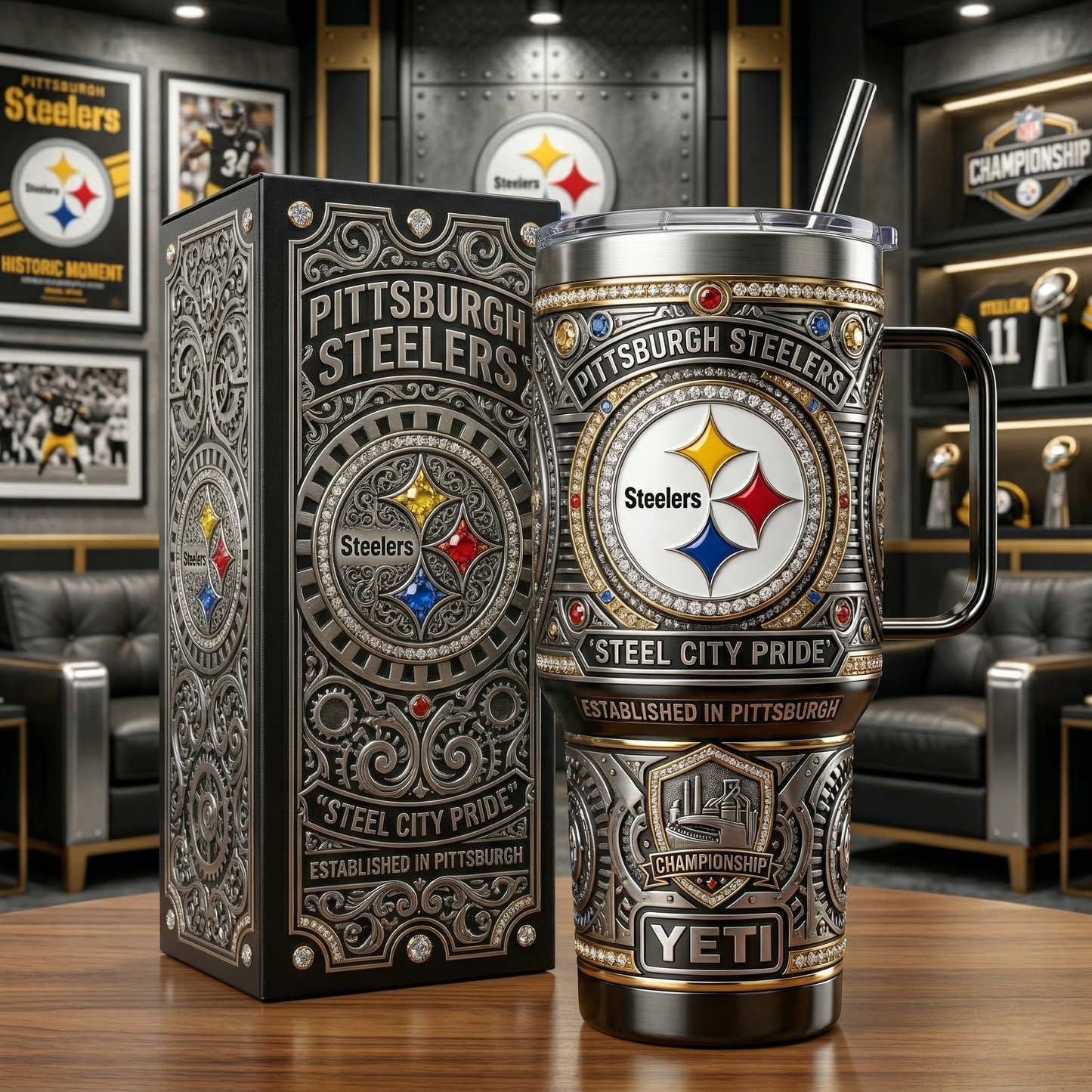 Steelers 40 oz Tumbler with Handle and Lid